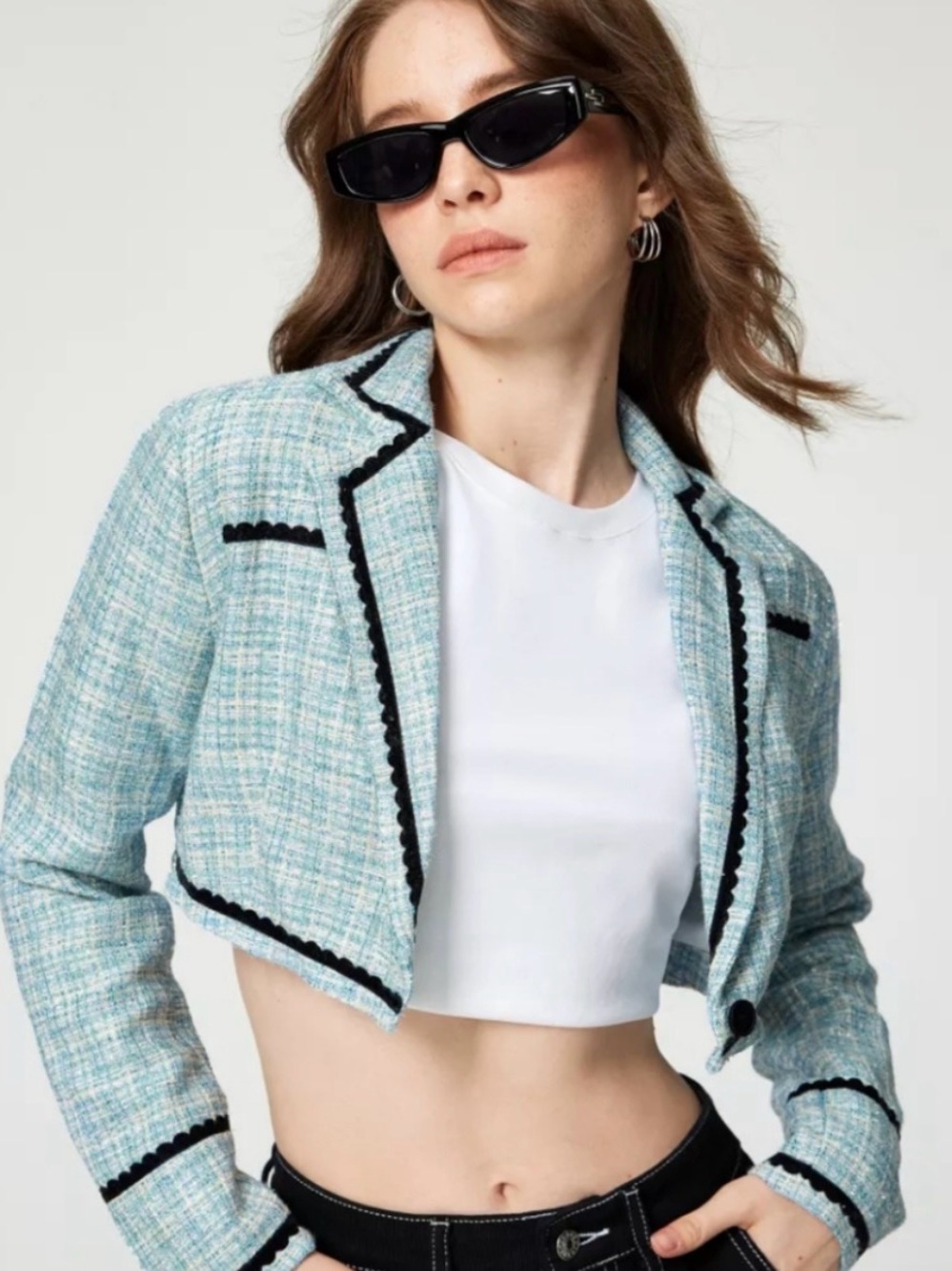NWT New Lady in Blue Cropped Tweed Blazer Jacket Light Blue Size XL